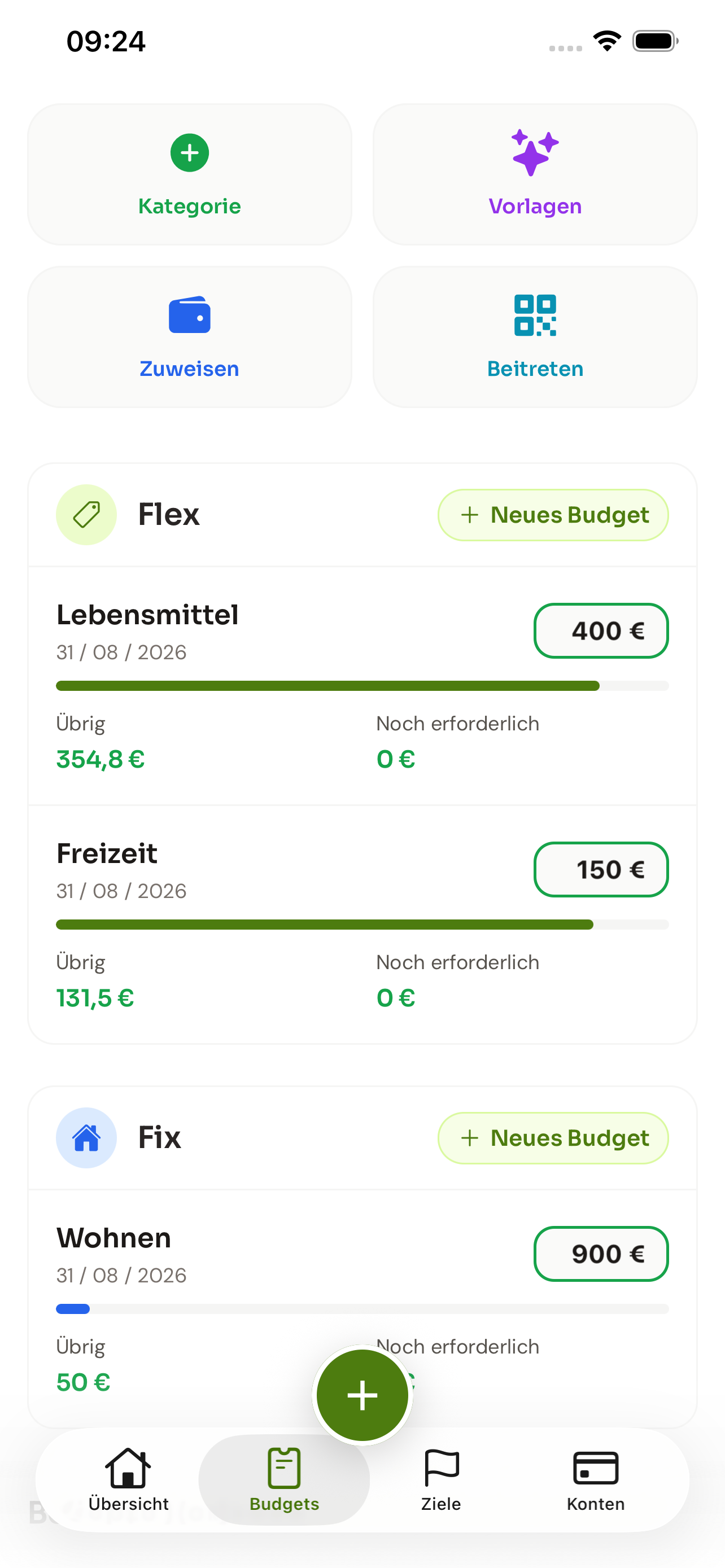 Plance Monatsbudget mit geplanten und verfügbaren Beträgen