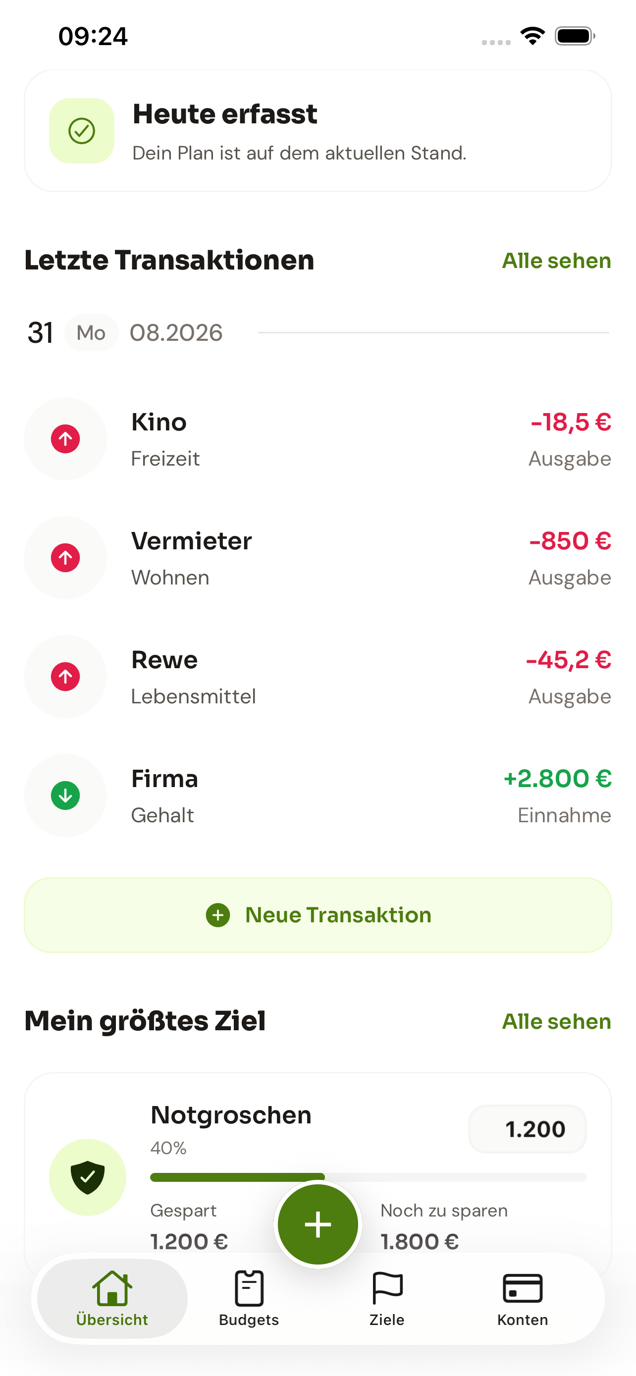 Plance Übersicht mit Konten, Ausgaben und einem Sparziel